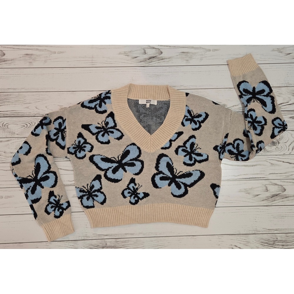 Madden NYC Oatmeal Blue Butterfly V Neck Knit Sweater Size Juniors Large